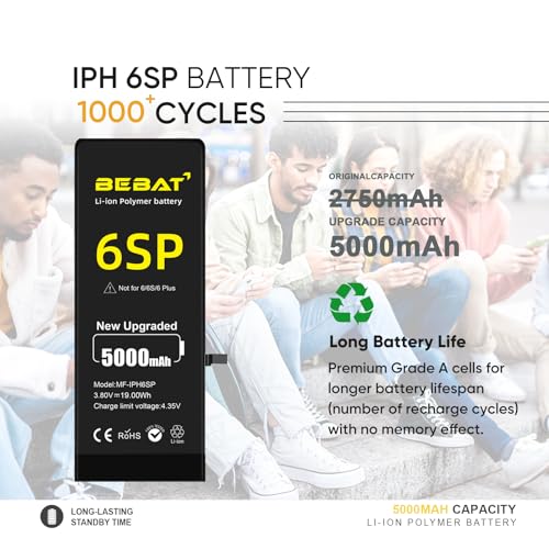Image of Replacement for iPhone 6s Plus Battery, 5000mAh High Capacity Li-ion Polymer Replacement Battery for Model A1634 A1687 A1699 with Professional Repair Tool Kits