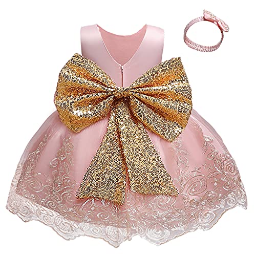 Image of NNJXD Baby Girl Dress Tutu Bowknot Dresses Lace Embroidery Baptism Christening Gown 755 Pink 6-12 Months