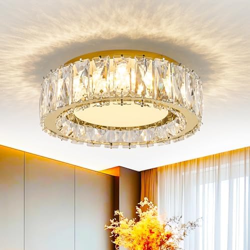 Crystal Dimmable Flush Mount Ceiling Light, Glod Modern LED Close...