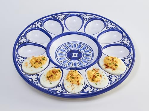 Evocalo Plato Docena Huevos Rellenos Hueco Central Profundo Bandeja Redonda Artesanal Pintada a Mano Cerámica de Talavera 26cm