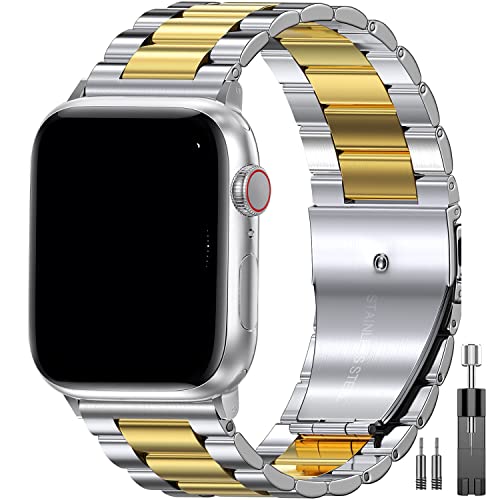 Image of EPULY Compatible with Apple Watch Band 42mm 44mm 45mm 38mm 40mm 41mm, Business Stainless Steel Metal Wristband for iWatch SE Series 7 6 5 4 3 2 1 for Men Women (Silver+Gold, 45mm 44mm 42mm)