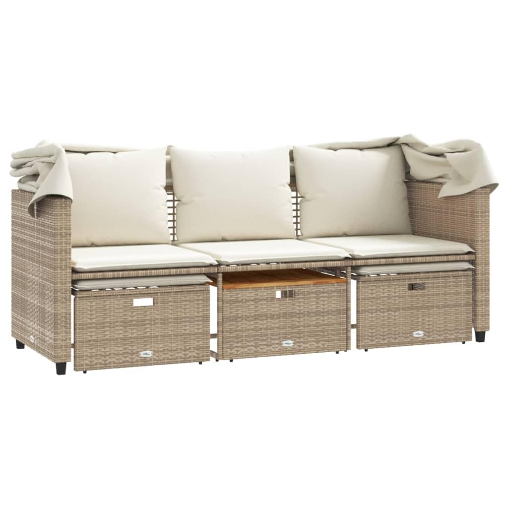 Solivagant Canapé de Jardin 3 Places avec auvent et tabourets Beige rotin,(30 KG)