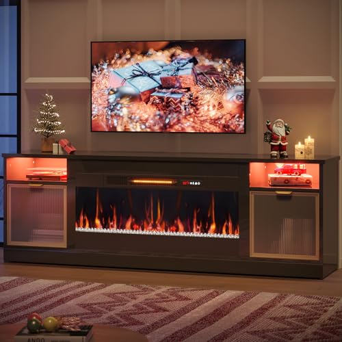 Bestier 70 Inch Fireplace TV Stand for TVs up to 80", LED Entertainment Center with 36" Electric Fireplace, Modern High Gloss Media TV Console with Storage Cabinet for Living Room Bedroom, Black - Image 5