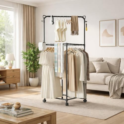 Image of WOOMZY Heavy-Duty Metal Hanger Stand for Clothes Hanging, Garment Stand Rack Clothe Storage Freestanding Cloth Hanging Stand for Bedroom, Entryway, Support for Side Back (Black-Round)