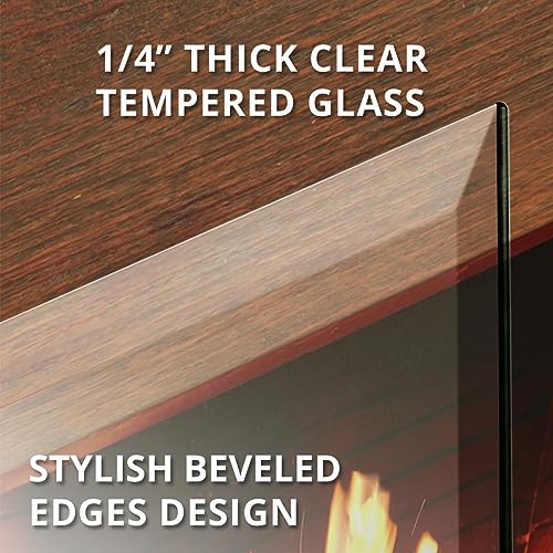 Image of Tempered Glass Fireplace Screen, 29 inch x 39 inch, Black Base, Modern Frameless