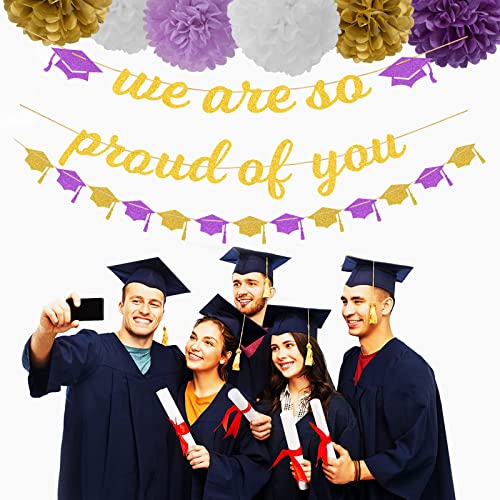Image of Purple White-Gold Party-Decoration Graduation Banner - 8pcs Kits Cap Garland Streamers, Paper Tissue Pom Poms Flowers,We are So Proud of You Congratulations Grad 2024 Decor Lasting Surprise