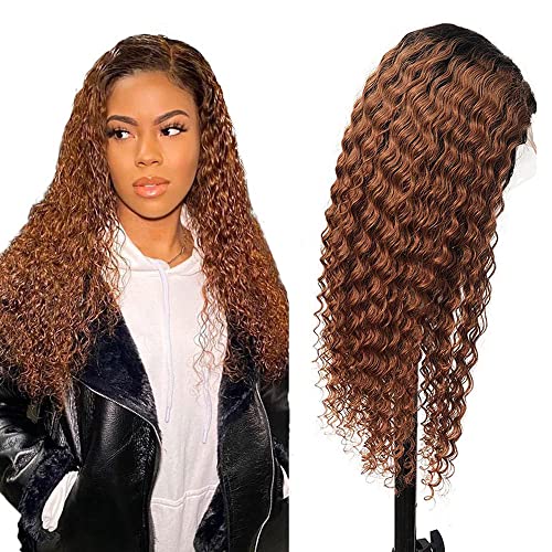 1b30 Curly Wave Lace Closure Wigs Ombre Human Hair 4x4 Lace Closure Wigs Tow Tone Black To Dark Brown Wig with Baby Hair Glueless Lace Closure Wig for Black Woman Brazilian Human Hair Wig 16 Inch