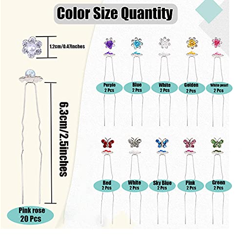 40Pcs Rhinestone Hair Pins For Women Girls Bridal Hair Accessories, U Shaped Colorful Rose Flowers Butterfly Pearl Crystal Embellished Bobby Pins Bling Sparkly Hairpins For Wedding Birthday(3 Styles) #TOP1