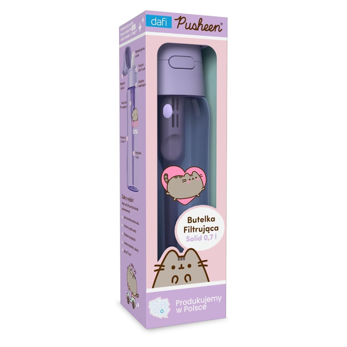 DAFI x PUSHEEN Butelka filtrująca Solid 0,7 l Lavender + filtr węglowy - Wykonana z wytrzymałego Tritanu™, Bez BPA, Wyprodukowano w Polsce