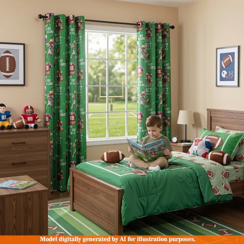 Image of MYSKY HOME Printed Blackout Curtains for Teen Boys Room Decor 95% Light Blocking Thermal Insulated Grommet Drapes with Rugby Football Printed for Kids Bedroom Playroom, 52W x 63L, 2 Pcs, Green