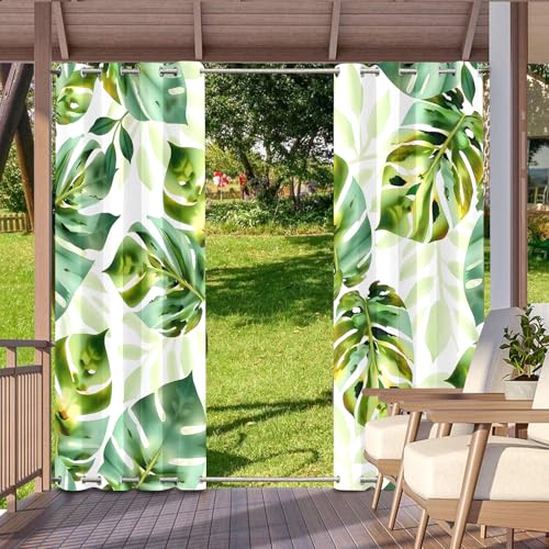 Hiseng Cortina de Exterior Impermeable Ojales Superior e Inferior, Patrón Hoja Verde 3D Cortinas Opacas Termicas Resistentes al Sol 2 Piezas para Jardin Terraza (Hoja Verde A,137x243cm)