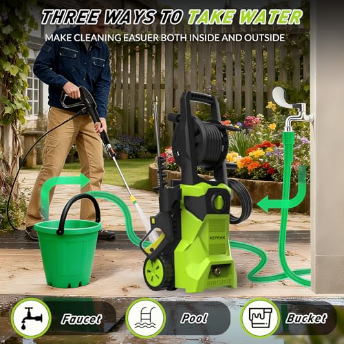 Image of KEPEAK 5000PSI Portable PowerWasher with 4 Quick Connect Nozzles, Foam Cannon, 52ft Hose Reel, for Cars Fences Driveways Patios