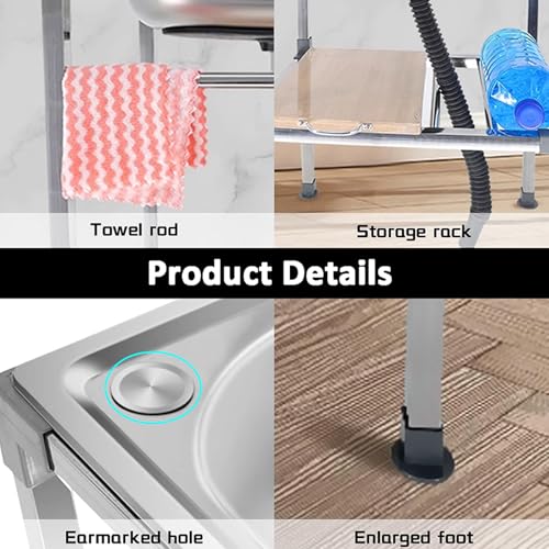 Évier Sur Pieds de Cuisine en Acier Inox 1 Bac Évier De Jardin Extérieur Lavabo Multifonctionnel Commercial Utilitaire avec Robinet Pivotant,pour Garage,Blanchisserie – Image 6