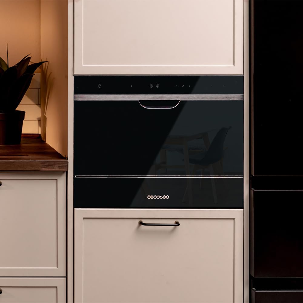 Cecotec Lavavajillas Compacto Semi Integrable 6 Cubiertos Bolero Aguazero 2500 S-BI Black Glass. 1380W, Acabado Cristal negro, Bajo Consumo, 5 Programas, Panel Táctil, Comienzo Diferido