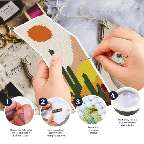 Image of INFUNLY 6PCS Boho Cross Stitch Bookmark Kits 8''x2.4'' Landscape Bookmark Making Kit Moon Phases DIY Stamped Embroidery Bookmarks for Beginners with Instruction for Book Lovers Reader Writers Gift