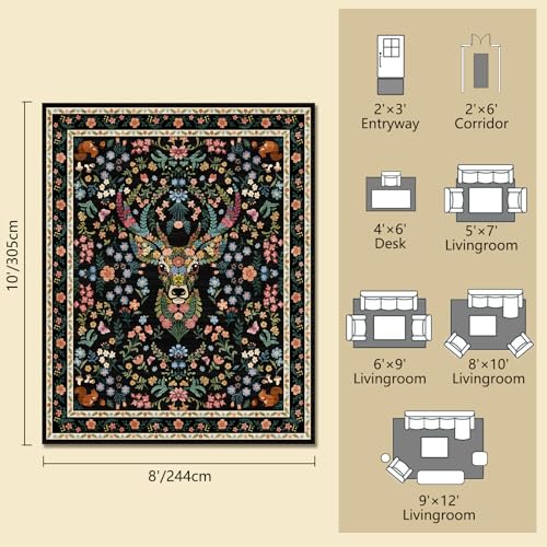 Image of Area Rug Vintage Floral Deer Pattern 8x10 - Bohemian Forest Animal Carpet with Squirrel & Butterfly, Soft Decorative Area Rug for Living Room Bedroom Home Decor