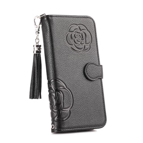 iPhone 16e 手帳型スマホケース 鏡付き カード2枚入れ かわいいカメリアお花柄 女子 Befortwo アイホン16e ケース 手帳型 ストラップホール 取り付けタッセル 大きいサイドポケット付き 使いやすい アイフォン16e スマホカバー 手帳型 マグネット式 落ち着いた色 女性らしい シンプルデザイン キーホルダー穴付き ブラック