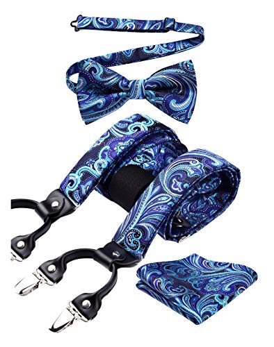 Image of HISDERN Suspenders for Men Paisley Floral Bow tie Suspender Pocket Square Sets Adjustable Y Shape 6 Clips Wedding Braces