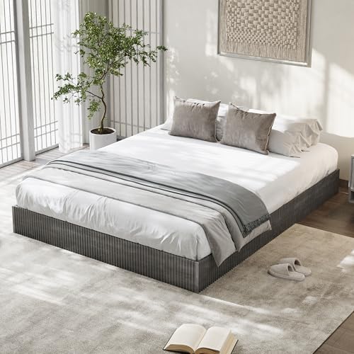 Image of GarveeHome Full Size Bed Frame, Wood Platform Bed, Fluted Bed Frame, Minimalist Bed Base with Low Profile Design, Noise-Free, Easy Assembly, No Box Spring Needed, Washed Black