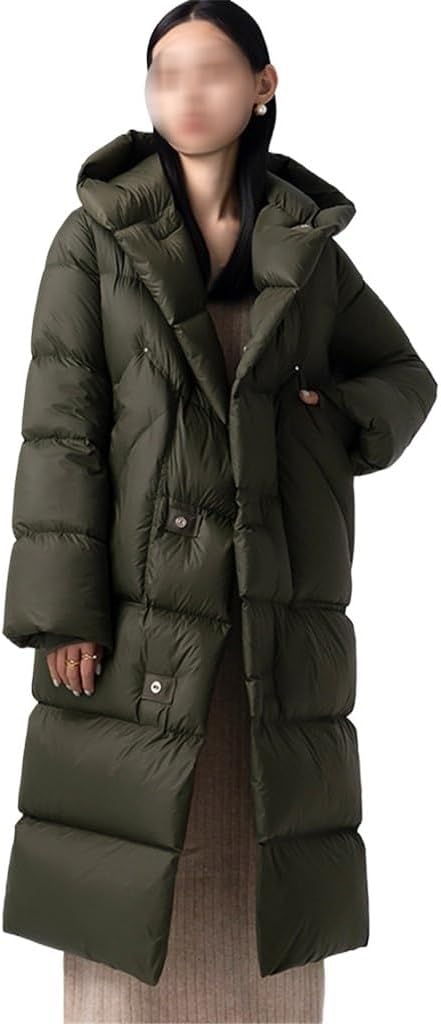 Women's Down Jacket Long Knee Length Hood Loose Warm and Thick Autumn/Winter Green Coat with Belt(Large)