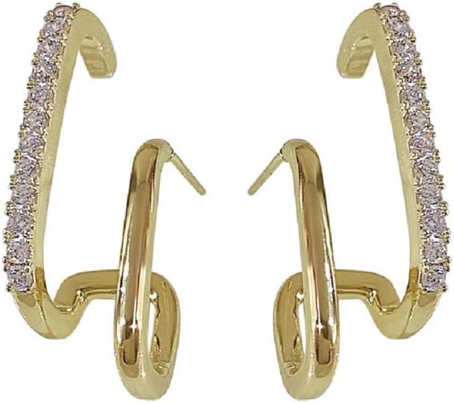 Women's 14K Gold Plated Double Twist Hoop Earrings Double Row Simulated Diamonds Illusion Ear Stud Split Huggie Earrings That Look Like Multiple Piercings Stud Earrings - Image 5