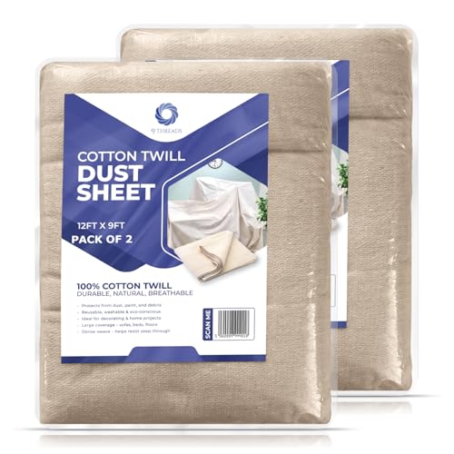 9Threads Cotton Dust Sheets 12x9 (Pack of 2) | Heavy-Duty Cotton Twill Drop Cloths | Washable & Reusable for Decorating Furniture & Floor Protection