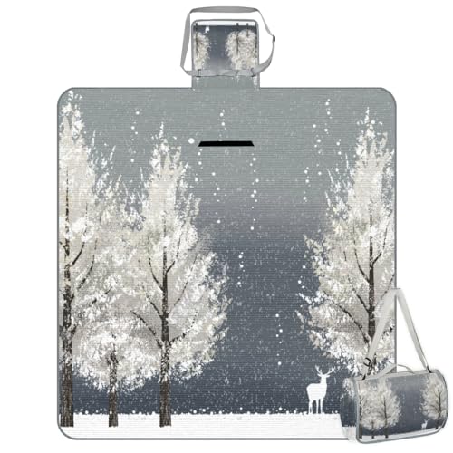 Shimoshe Picnic Blankets 57”x 59”, Winter Tree Animal Deer Waterproof Sandproof Picnic Mat Lightweight Foldable Beach Blanket for Camping Park Grass Beach Outdoor Blanket