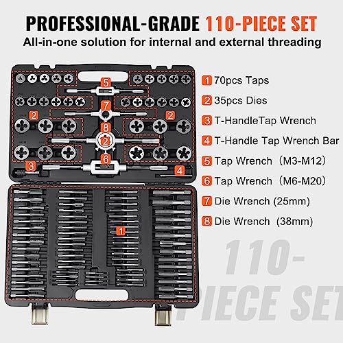 Happybuy 110Pcs Tap and Die Set, Include Metric Tap and Die Set M2-M18, Tungsten Steel Titanium Tap & Die Sets With Storage Case, Large Tap and Die Set For Cutting External & Internal Threads
