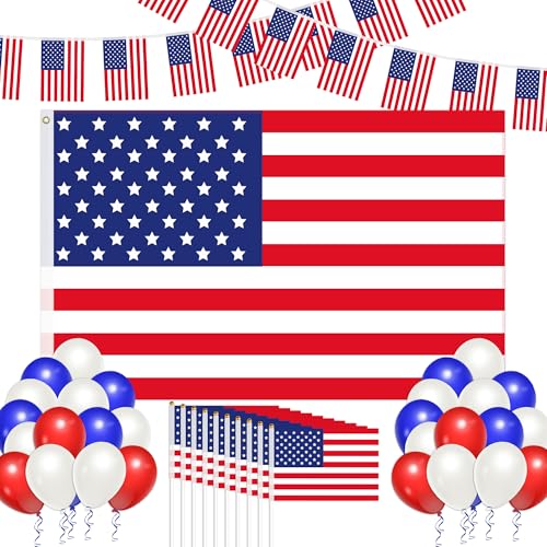 RMMD 43 PCS American Flags for 4th July Decorations USA American Flag Bunting 10 Handheld USA Flags on Sticks with Balloons for 4th of July Party Decorations Independence Day Decoration