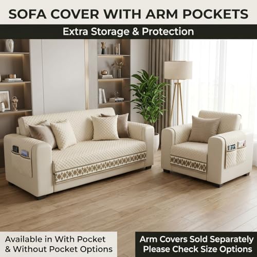 Image of KINGLY Sofa Cover 3 Seater Fully Covered | Stretchable Anti-Slip Slipcover | Washable Furniture Protector | Cream Beige | Seat & Back | Set of 2Pc