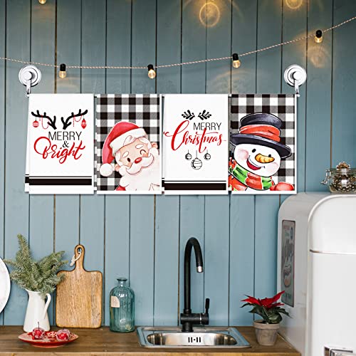 Christmas Kitchen Towels Black Buffalo Plaid Hand Towels Xmas Absorbent Dishcloths Winter Holiday Kitchen Decor Snowman Santa Dish Tea Towels Merry Bright Tea Towel For Home Kitchen Supplies Set Of 4 #TOP4