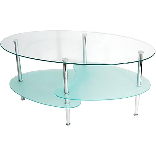 Walker Edison Modern Oval Glass Coffee Table Living Room Accent Ottoman Storage Shelf, 37 Inch, Glass