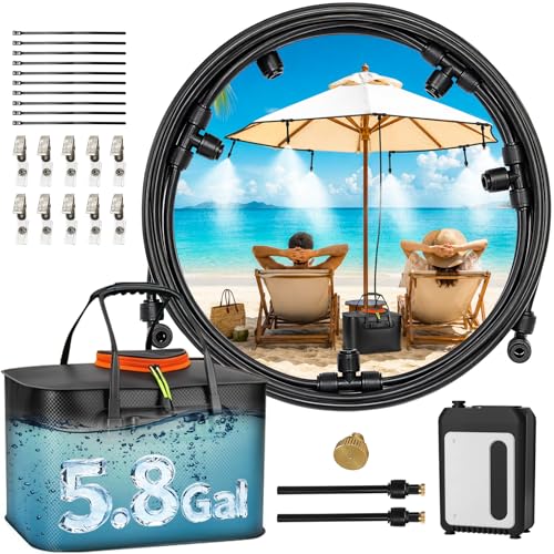 MIXC Portable Misting Systems Outdoor Water Cooling Misters Set with 5200mAh Water Pump 5.8GAL/22L Bucket 36FT(11M) Hose 8*Adjustable Brass Nozzles for Patio/Umbrella/Golf Cart/Canopy/Camping