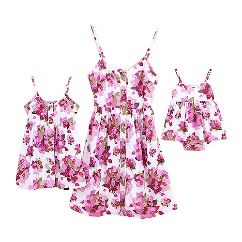 Image of Mommy and Me Dresses Matching Outfits Set Summer Casual Cute Leopard Floral Print A-Line Beach Slip Dress with Pockets