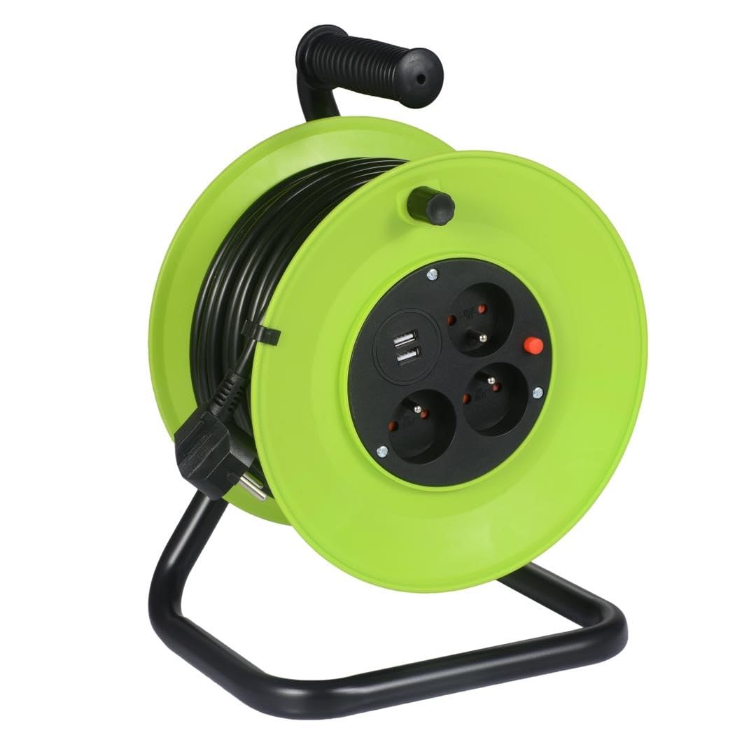 GERMINA DER ELECTRIKER Enrollador de Jardín Enrollador Reel IP20 Cable de 20 metros de grosor manivela de bobinado + 3 enchufes + …