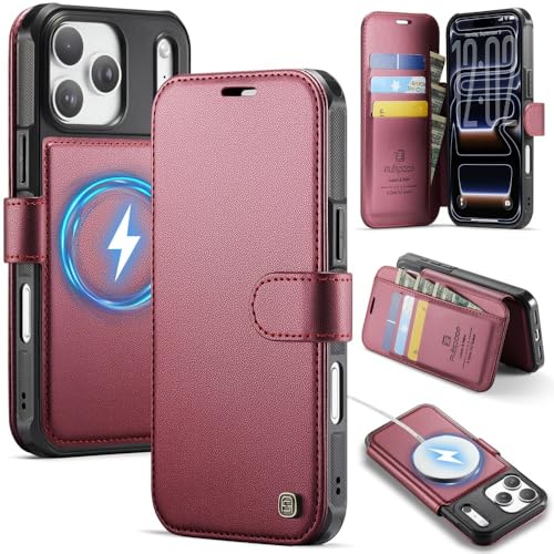 Étui pour iPhone 17 Pro Max rouge anti-choc en cuir portefeuille avec fente carte