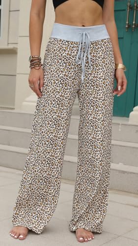 Image of AMiERY Women's Comfy Casual Pajama Pants Floral Print Drawstring Palazzo Lounge Pants Wide Leg