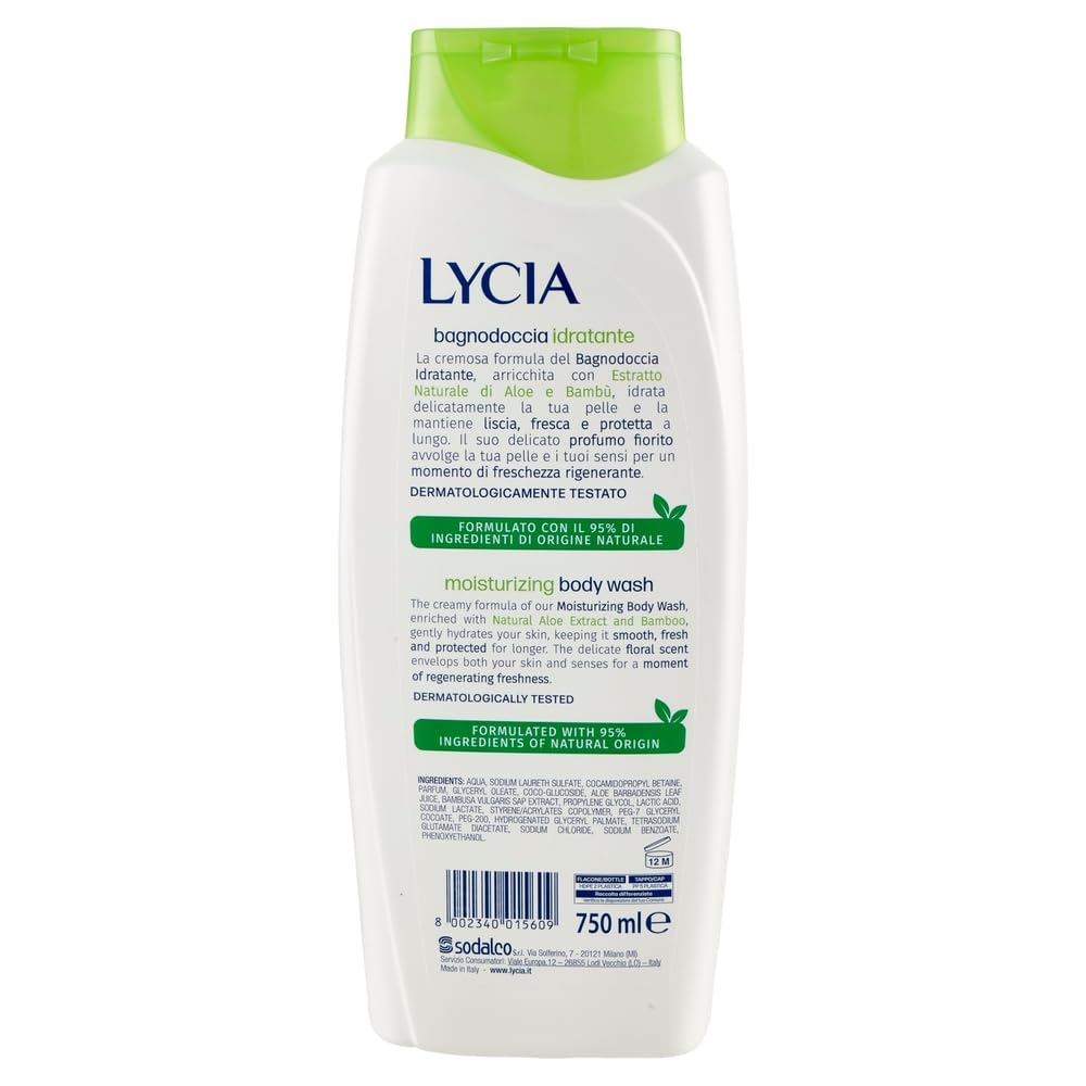 6 x Lycia Bagnodoccia Idratante Aloe Vera e Bambù - Gel doccia idratante con aloe vera e bambù 750 ml + portachiavi Beni Culinari