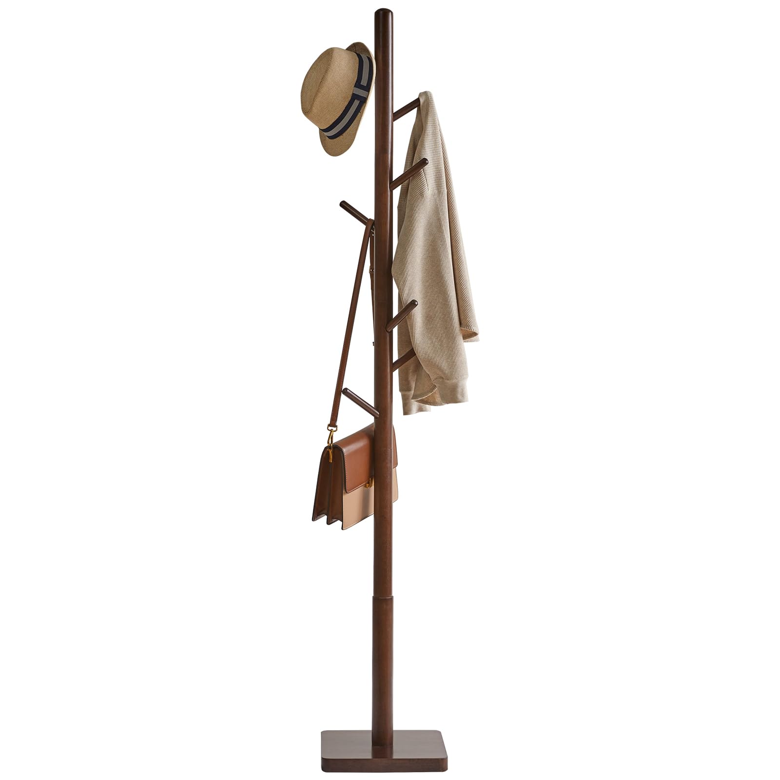 YMYNY Coat Rack Stand with Square Base, Wooden Coat Tree, Hall Tree Free Standing with 8 Hooks, Clothes Stand for Coats, Hat, Handbag, Umbrella, for Office, Hallway, 29 x 29 x 176CM Brown HCR002H