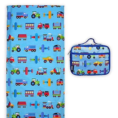 Wildkin Kids Lunch Box Bag with Cotton Nap Mat Cover - Reusable Lunch & Nap Time Set for School and Travel - Trains, Planes & Trucks
