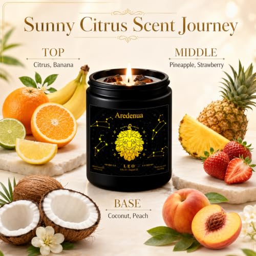Image of Leo Zodiac Candles, Sunny Citrus Candle with Tiger's Eye Crystals | Astrology Leo Birthday Gifts for Women Men, Black Gift Box, 7 oz Soy Candle, 50 Hour Burn Time, Black Jar