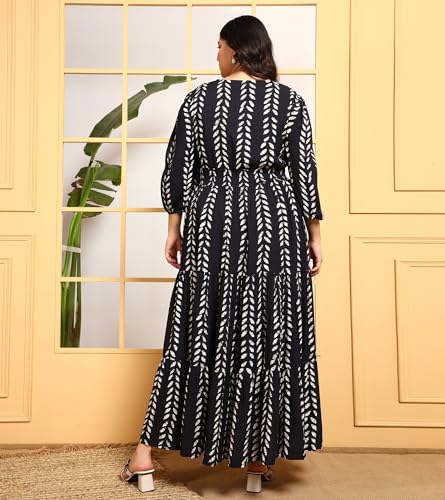Image of DEEBACO Women's Plus Size Solid Rayon Tiered Maxi Dress|3 /4 Sleeve|V-Neck|Casual Trending Stylish Long One Piece Dresses Women Western