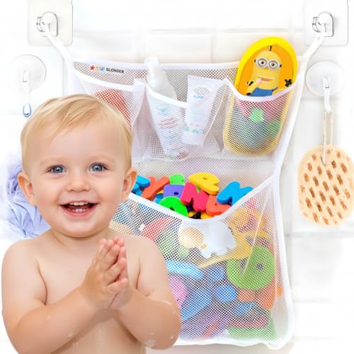 Image of Bath Toy Storage Organizer – Large Mesh Bath Toy Holder & Bath Toy Net for Tub, Quick Dry Bathtub Bag with 2 Strong Suction Cups, 2 Adhesive Hooks, Quick-Dry Hanging Shower Cubby Basket, 14x20 Inch