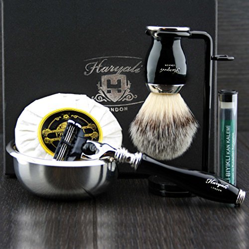 Haryali London 5 Edge brzytwa, pędzel do golenia do włosów borsuch, stojak do golenia, mydło do golenia, miseczka do golenia i zestaw do golenia dla mężczyzn