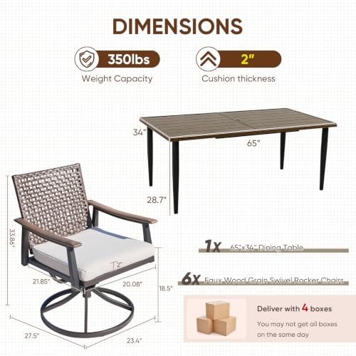 Image of NATURAL EXPRESSIONS 7 Piece Patio Dining Set for 6 Outdoor Furniture Set,6 Pcs Outdoor Rattan Wicker Swivel Chairs with Woodgrain Armrest, 65 inch Large Dining Table with 1.65'' Umbrella Hole for Garden