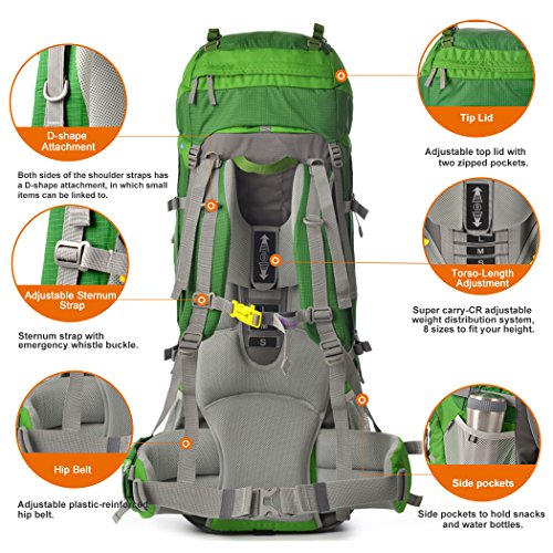 Mountaintop 80L Internal Frame Hiking Backpack For Man & Women Backpacking With Rain Cover Green #TOP3