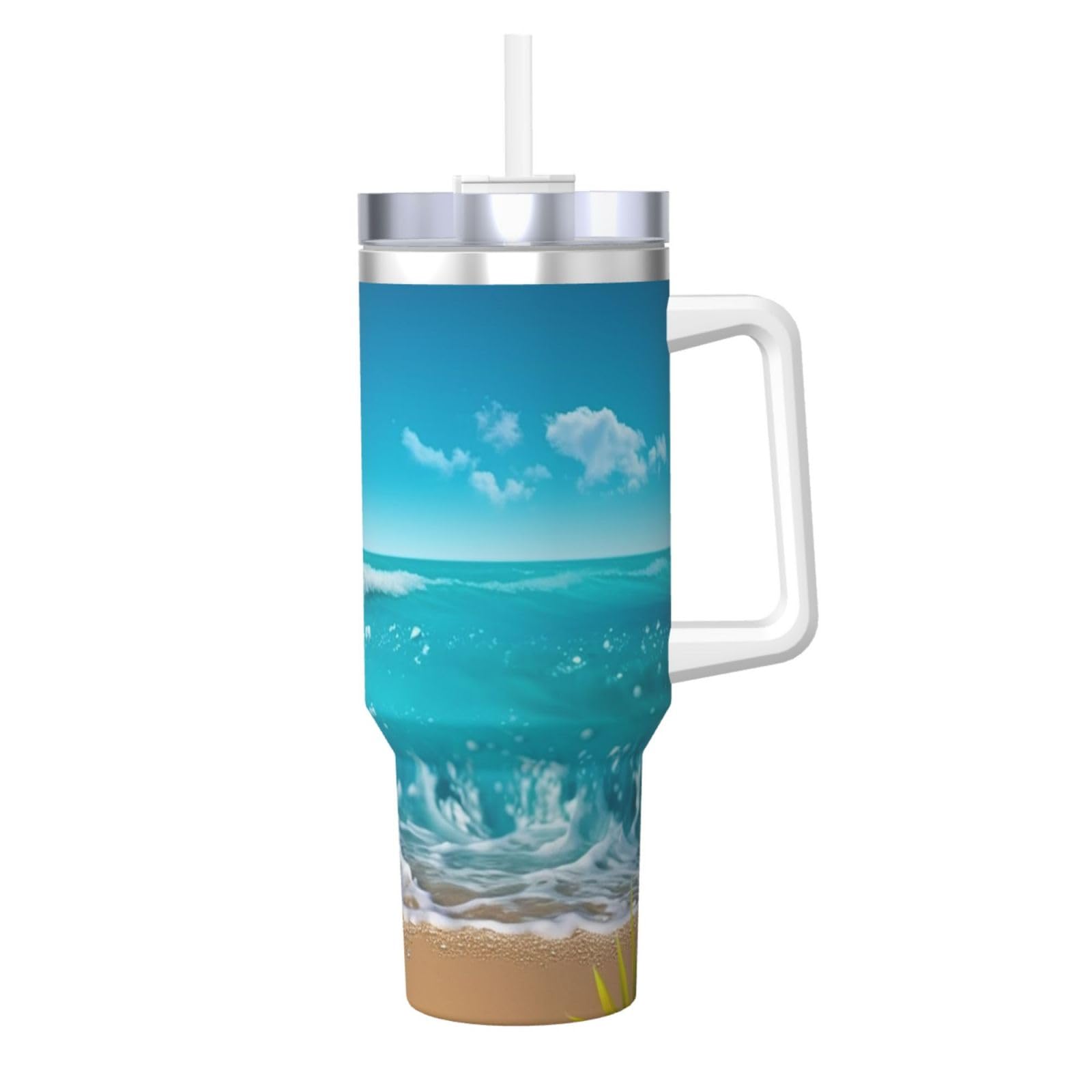 40 oz Stainless Steel Tumbler with Handle and Straw, Tropical Blue Sea Beach Car Cup Insulated Water Bottle Personalized Ice Bully Cup Hot/Cold Travel Coffee Mug Gifts, Cupholder Friendly
