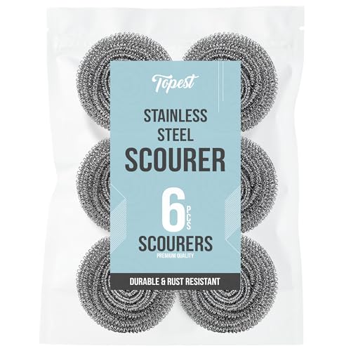 Topest Stainless Steel Scourer | 6 Pack | Muti-Purpose Dish Washing Up Pot Scrubber | Heavy Duty Sponge Spiral Scourer | For Pans Pts Cookware Kitchen Grills Etc.