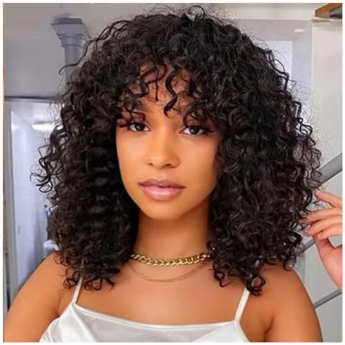 Perruque Cheveux Humain 14 Pouces Short Curly Bob Human Hair Wig with Bangs Glueless Wig with Fringe Machine Made Sans Colle 180 Densité Cheveux Humains...