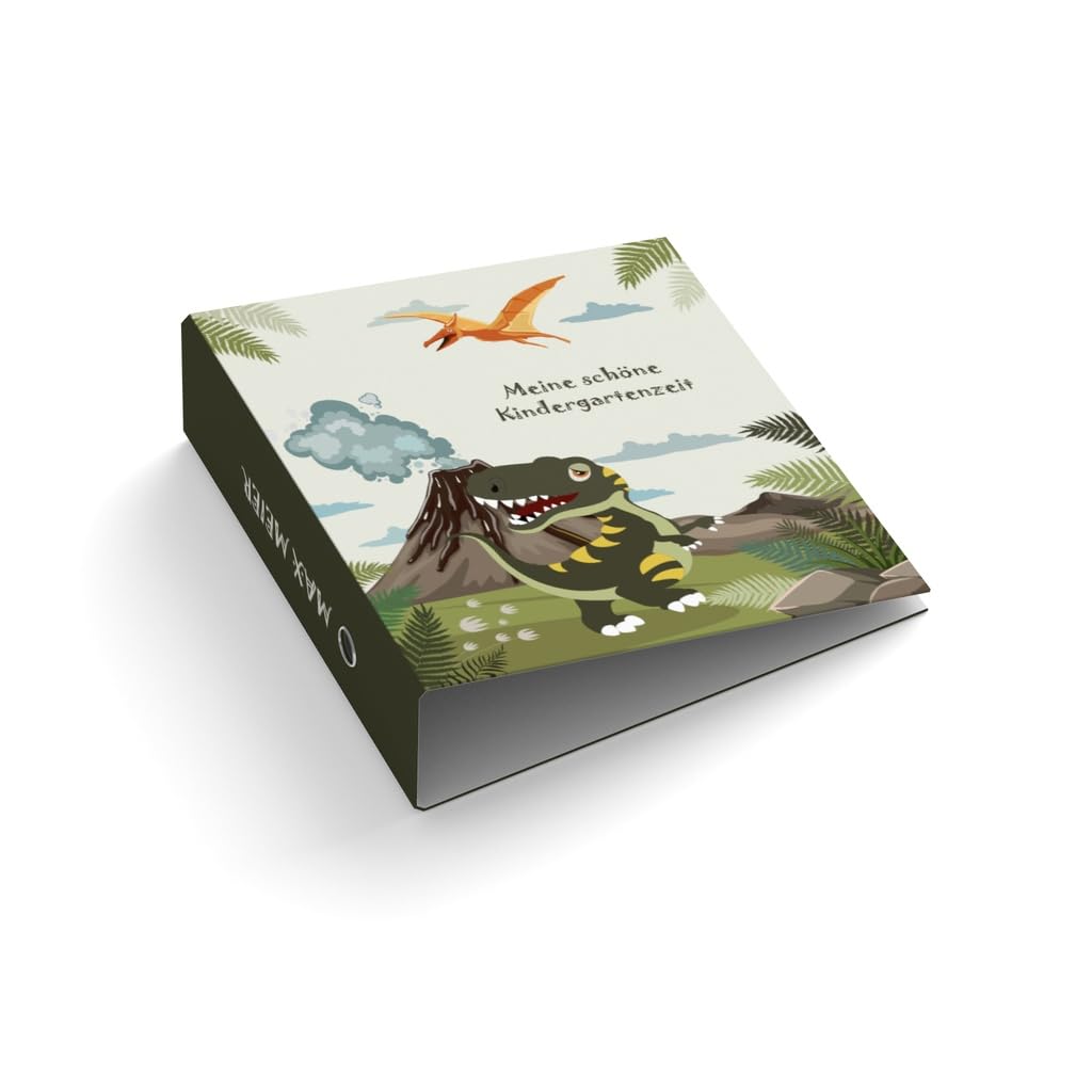 Ringordner mit Wunschtext personalisieren | Ordner für Kinder | Dinosaurier | Mit Griffloch | für DIN A4 | 7,4 cm breit | Kindergartenzeit | Dino | Vulkan